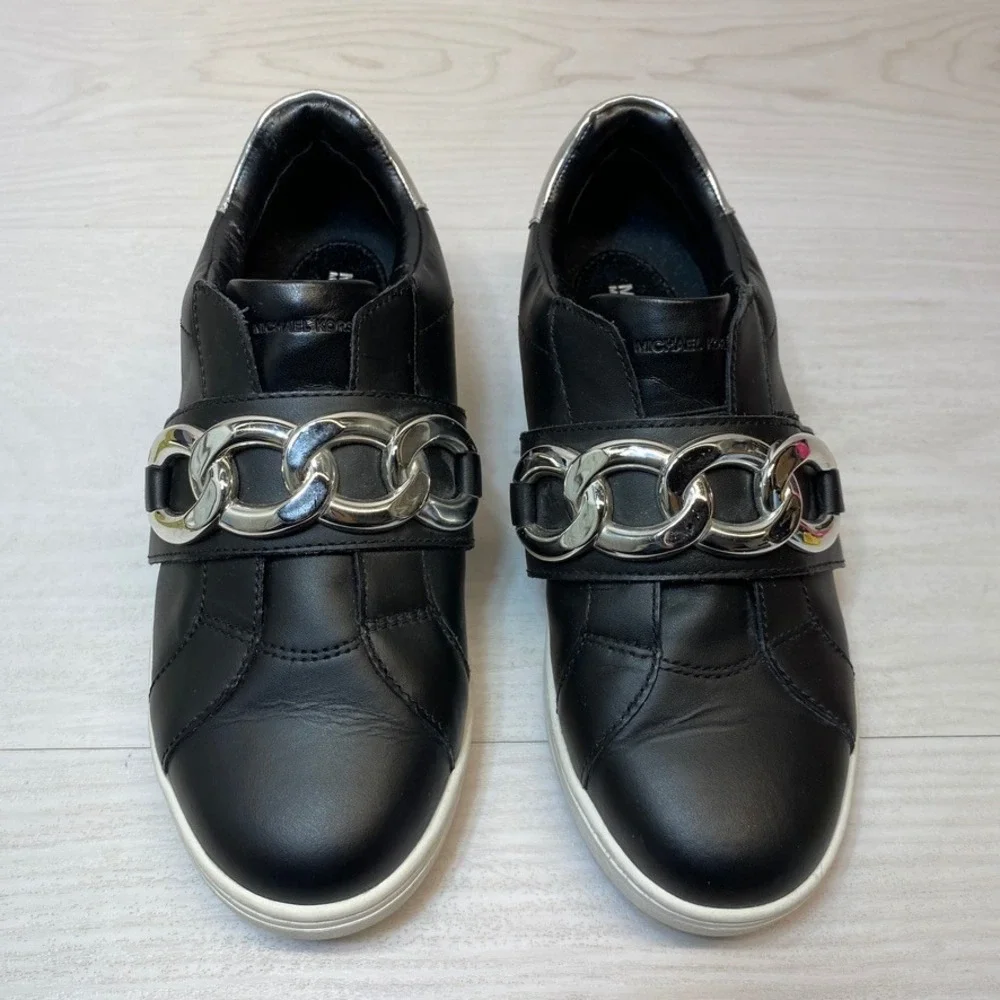 Michael Kors Womens 6.5M Slip On Sneaker Chain Strap Black Leather Silver FT20L